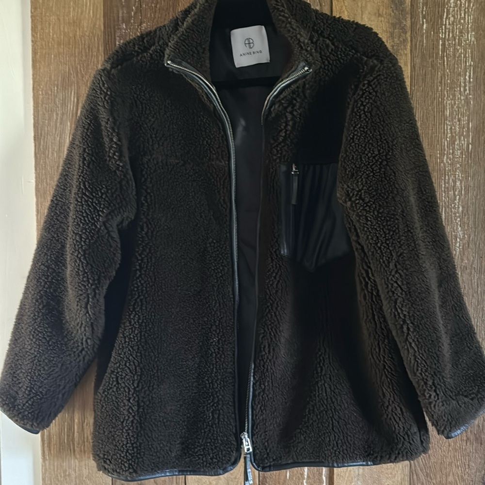 ANINE BING Espresso dark Brown Shearling jacket with leather detail
